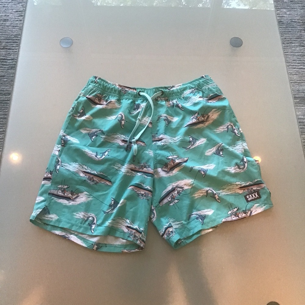 SAXX Oh Buoy 2N1 Mens Swim Trunks Teal Shark Ski Fishing Boat Print M BallPark